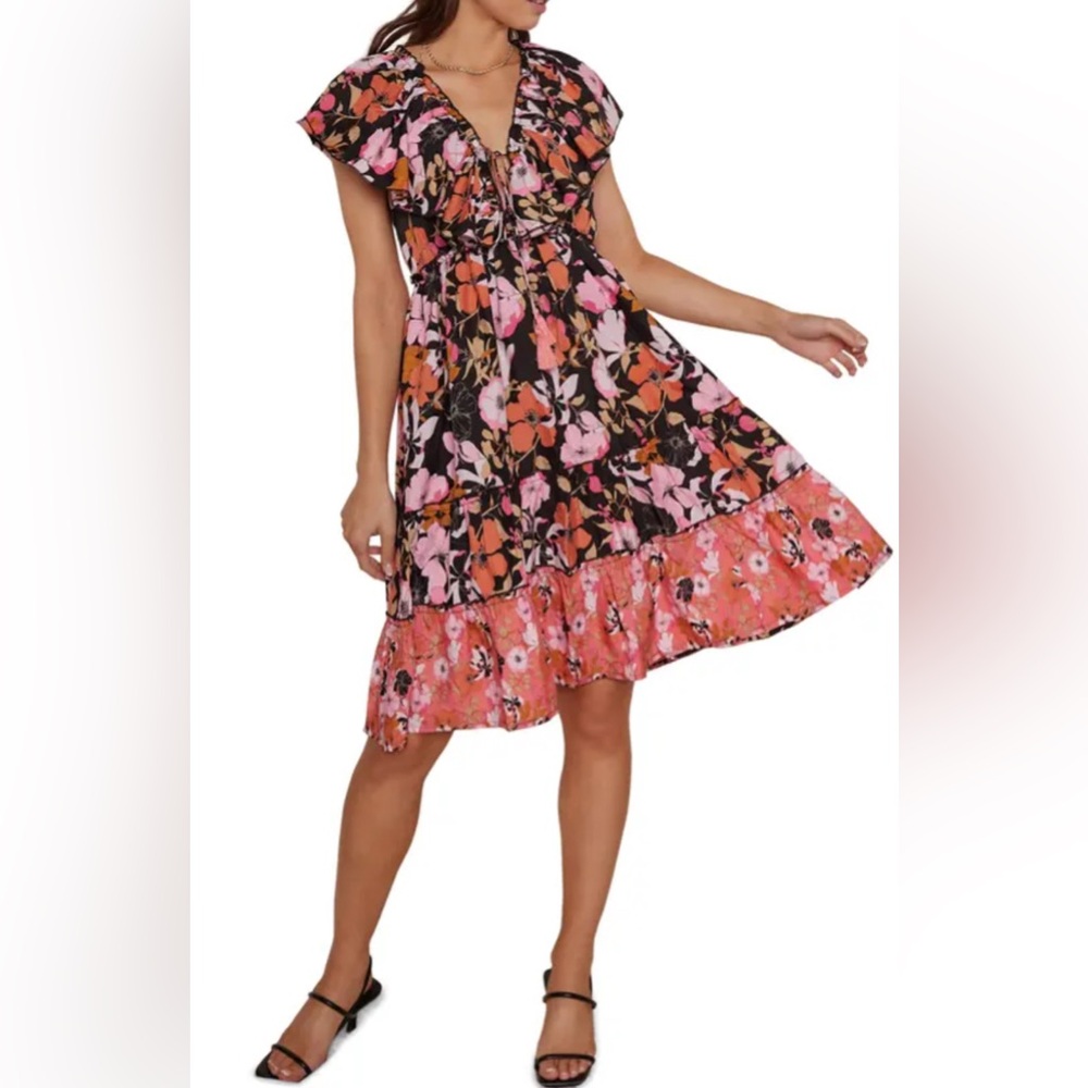 Anthropologie RAGA Butterfly Sleeve‎ Floral Dress SZ LG Tropical Ruffles